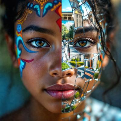 The primary subject of the image is a young girl with a painted face. She is wearing a face mask that reflects her face, creating a unique visual effect. The setting is a city street, with a few cars visible in the background. The visual style is a combination of a photo and digital art, as the girl's face is painted and the mask is reflecting her face. The colors and mood of the image are vibrant and lively, with the girl's face and the mask creating a striking contrast against